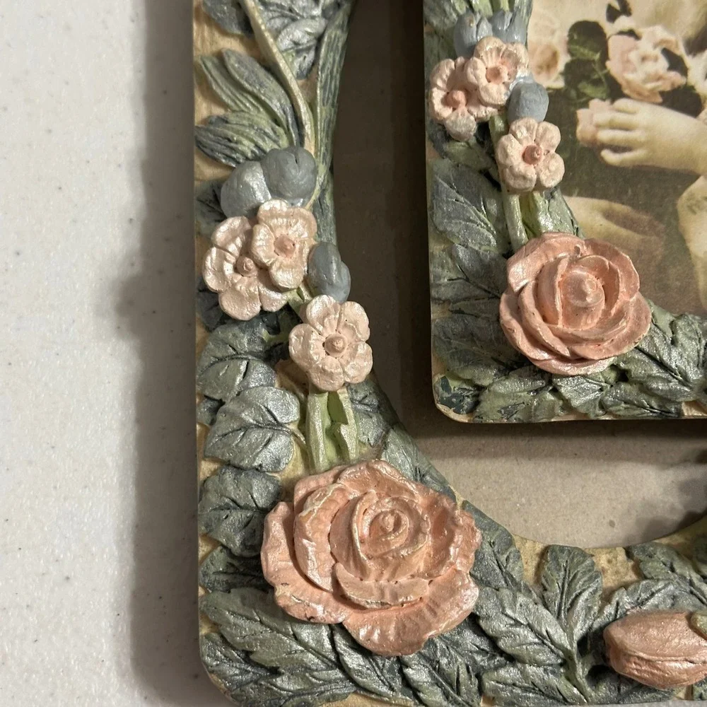 Vintage Floral Resin Picture Frame Set 3D Dimensional Rose Leaf Victorian Design